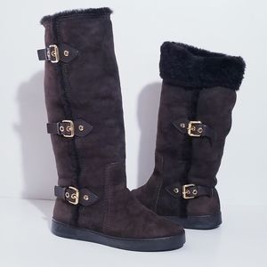 LOUIS VUITTON Brown Suede Shearling Lined Buckle Detail Knee High Flat Boots